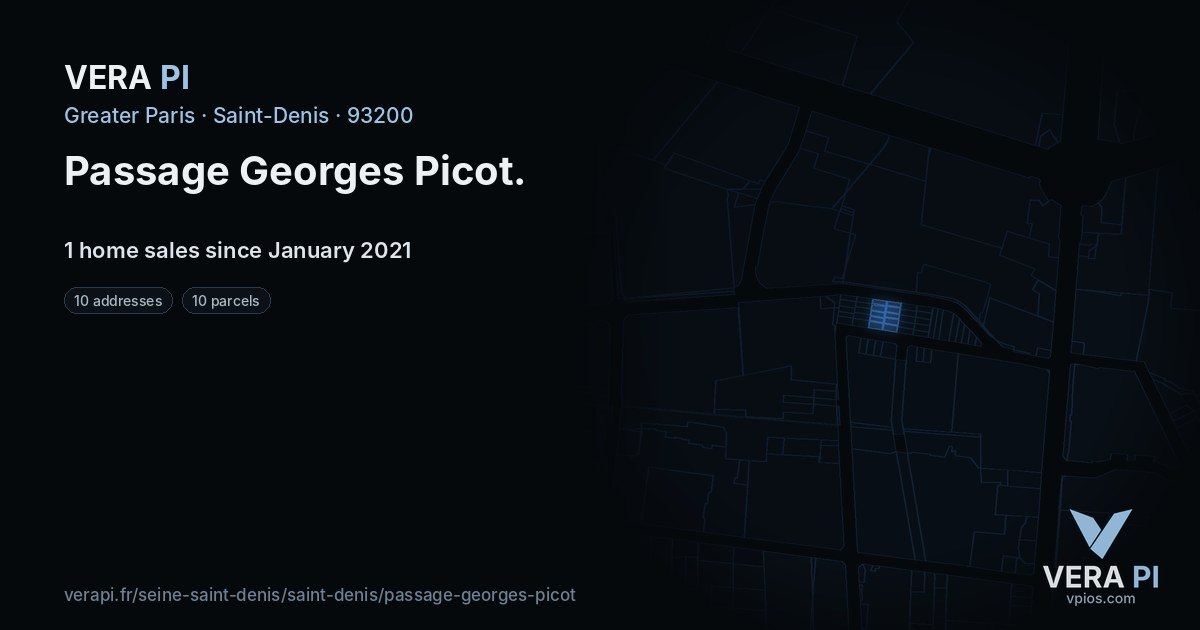 Passage Georges Picot, Saint-Denis at night – every parcel coloured by the prices around it, the street's own parcels lit