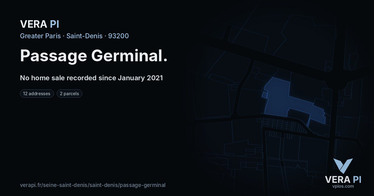 Passage Germinal, Saint-Denis at night – every parcel coloured by the prices around it, the street's own parcels lit