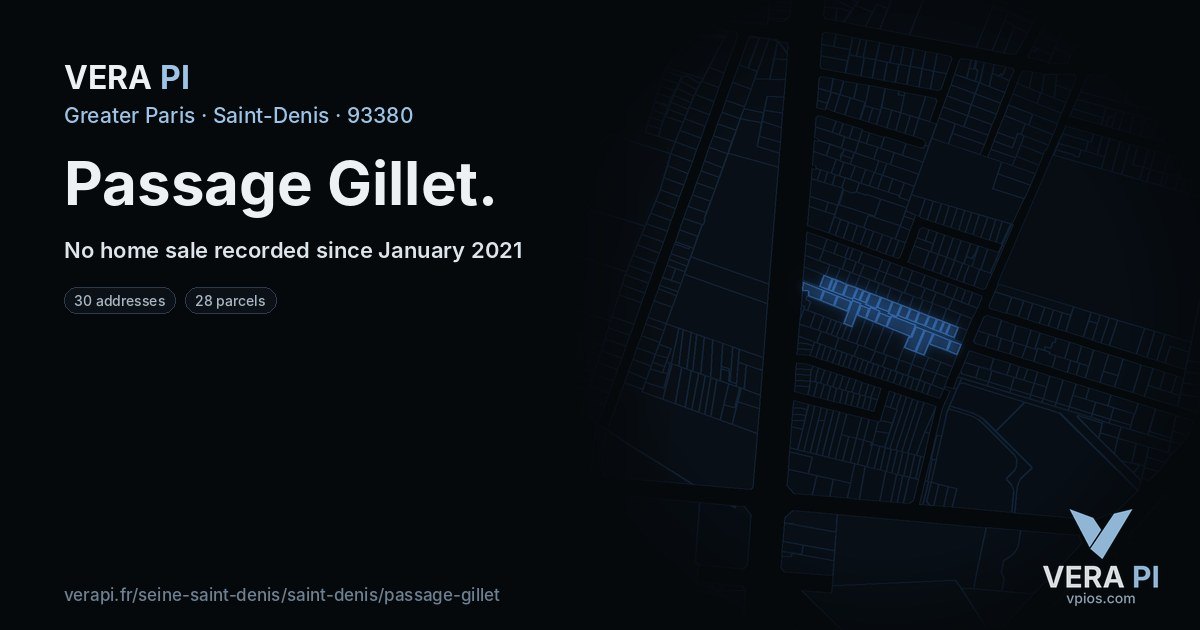 Passage Gillet, Saint-Denis at night – every parcel coloured by the prices around it, the street's own parcels lit