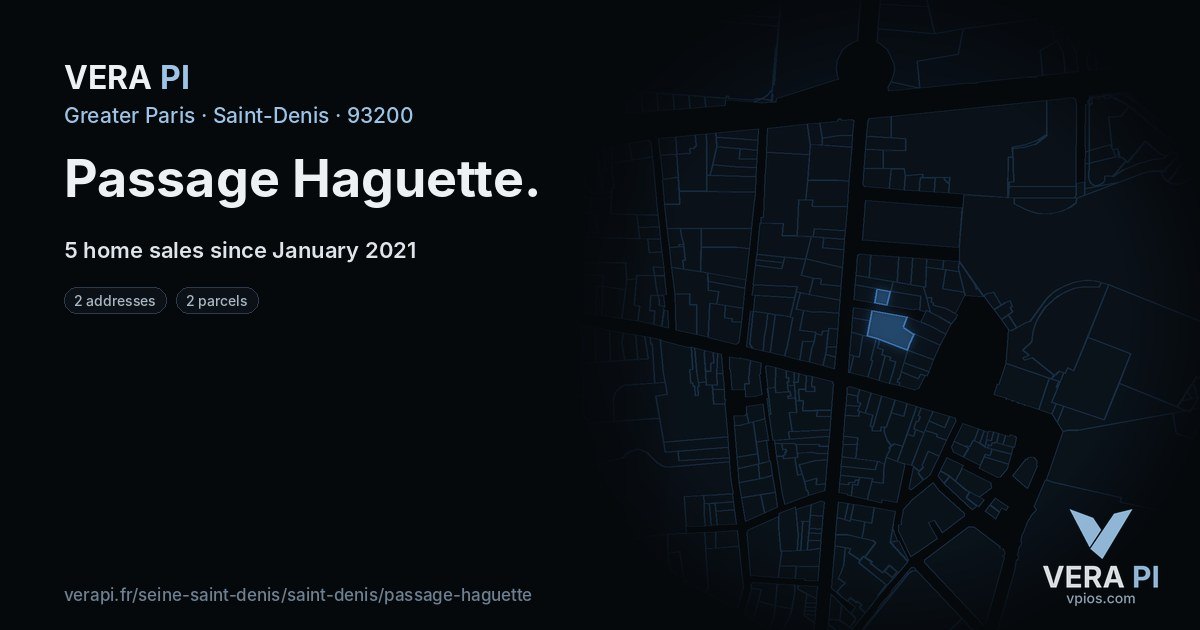 Passage Haguette, Saint-Denis at night – every parcel coloured by the prices around it, the street's own parcels lit