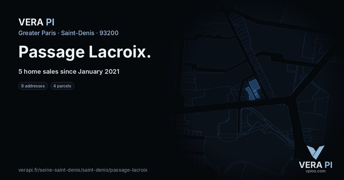 Passage Lacroix, Saint-Denis at night – every parcel coloured by the prices around it, the street's own parcels lit