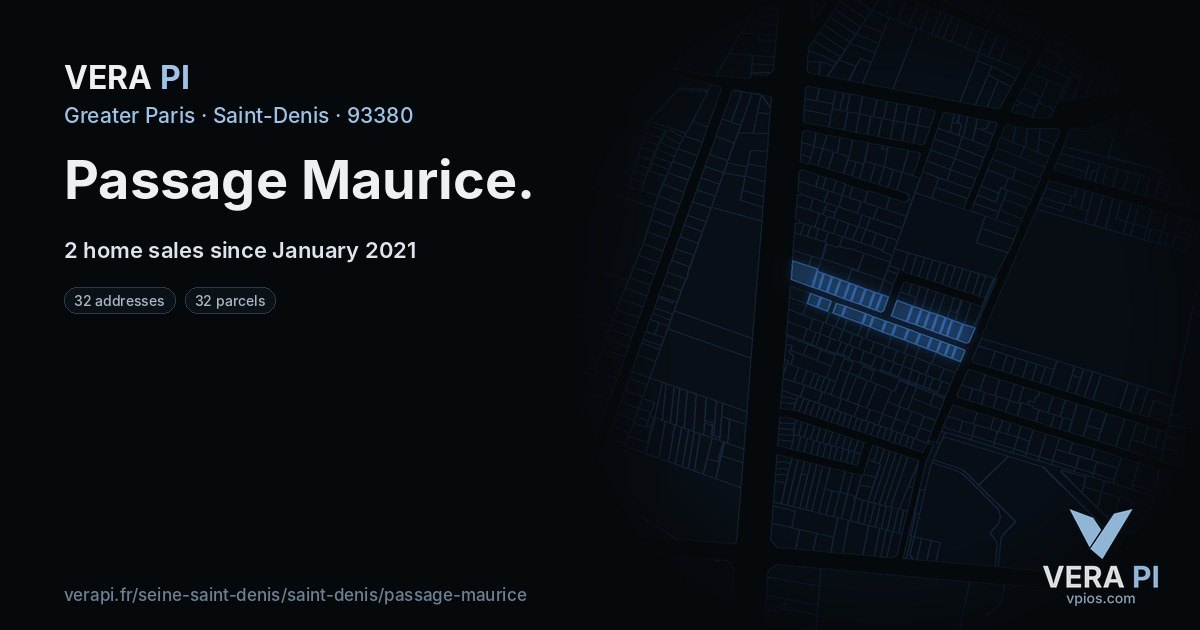 Passage Maurice, Saint-Denis at night – every parcel coloured by the prices around it, the street's own parcels lit