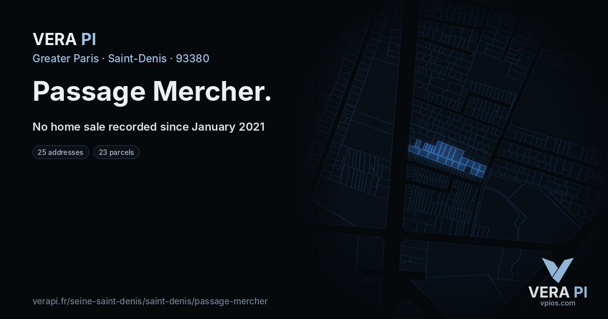 Passage Mercher, Saint-Denis at night – every parcel coloured by the prices around it, the street's own parcels lit