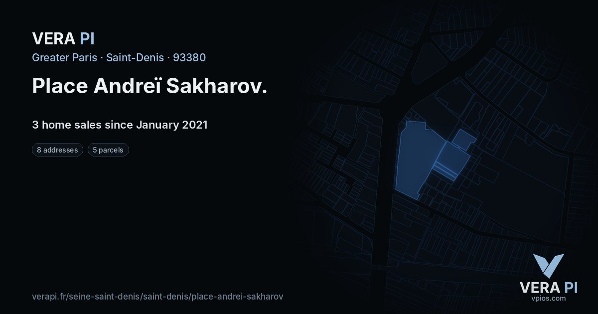 Place Andreï Sakharov, Saint-Denis at night – every parcel coloured by the prices around it, the street's own parcels lit