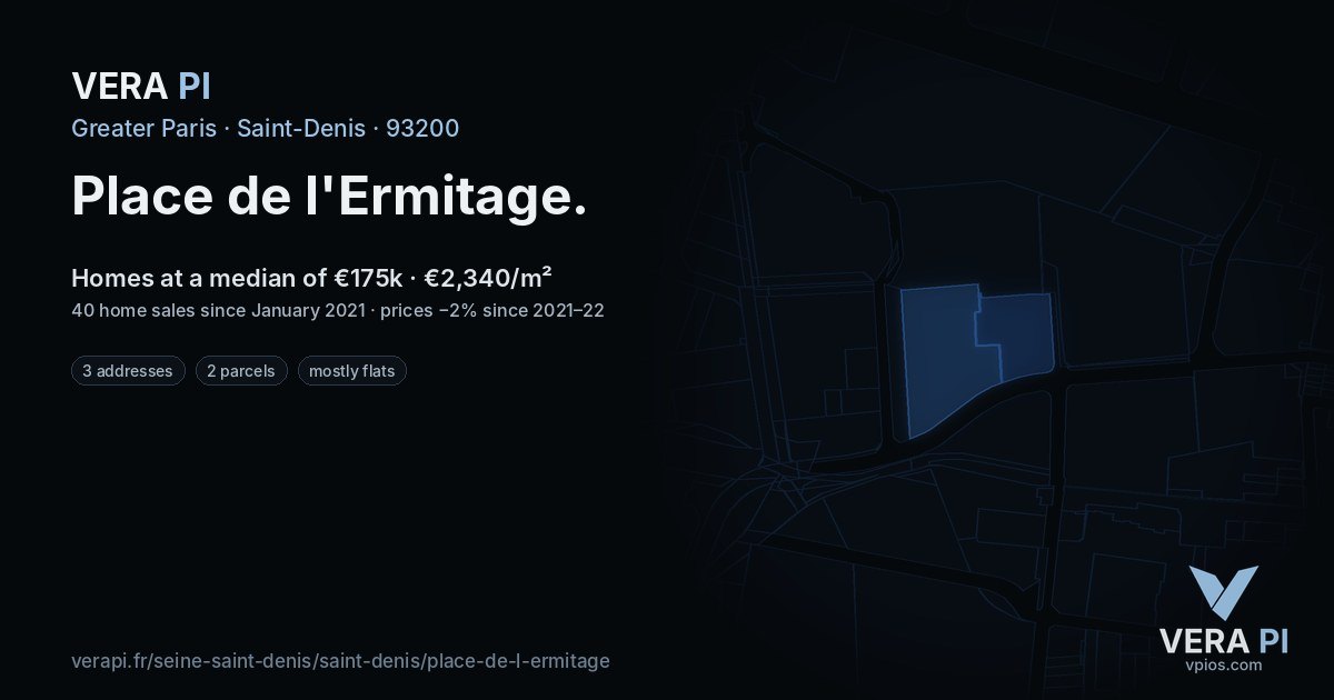 Place de l'Ermitage, Saint-Denis at night – every parcel coloured by the prices around it, the street's own parcels lit