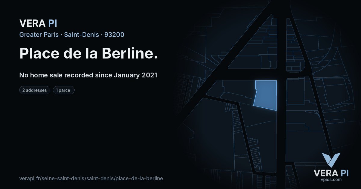 Place de la Berline, Saint-Denis at night – every parcel coloured by the prices around it, the street's own parcels lit