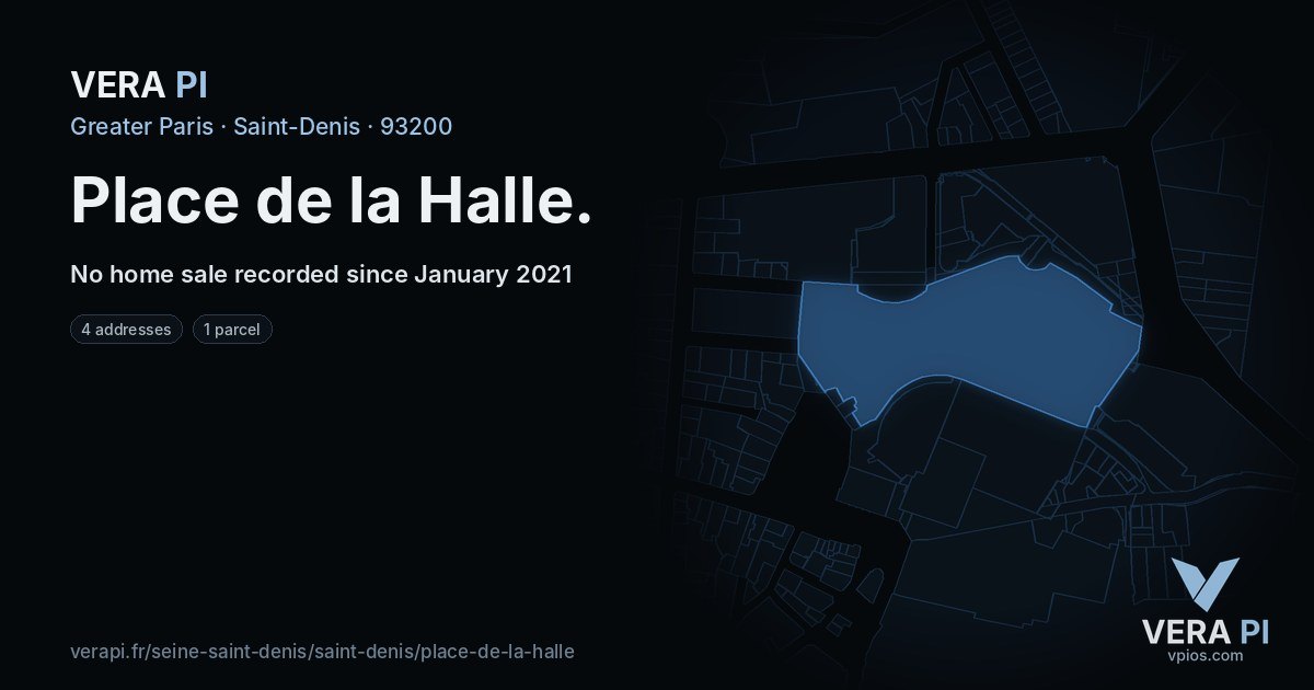 Place de la Halle, Saint-Denis at night – every parcel coloured by the prices around it, the street's own parcels lit