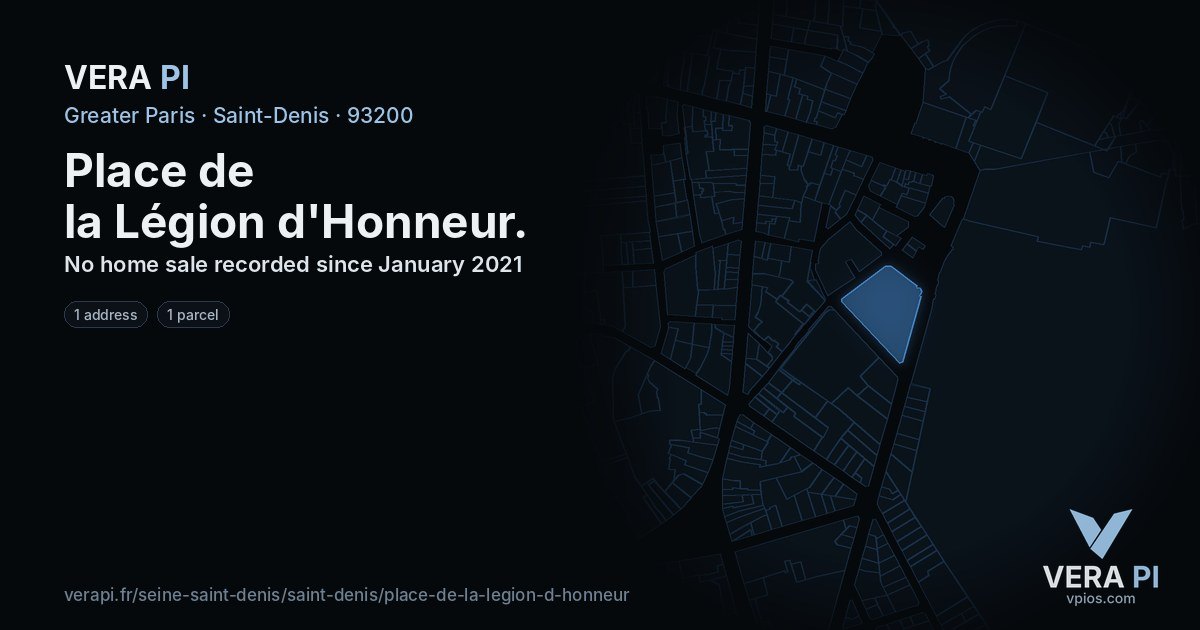 Place de la Légion d'Honneur, Saint-Denis at night – every parcel coloured by the prices around it, the street's own parcels lit
