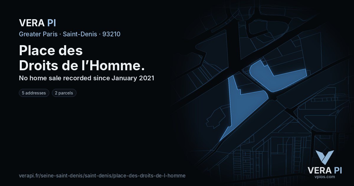 Place des Droits de l’Homme, Saint-Denis at night – every parcel coloured by the prices around it, the street's own parcels lit
