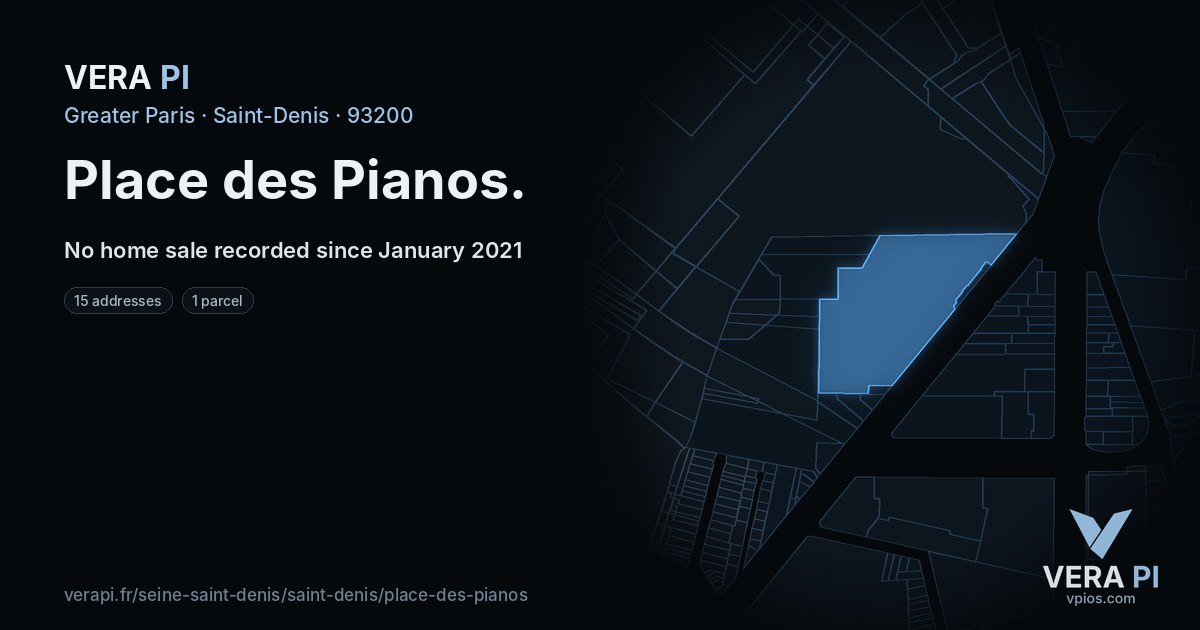 Place des Pianos, Saint-Denis at night – every parcel coloured by the prices around it, the street's own parcels lit