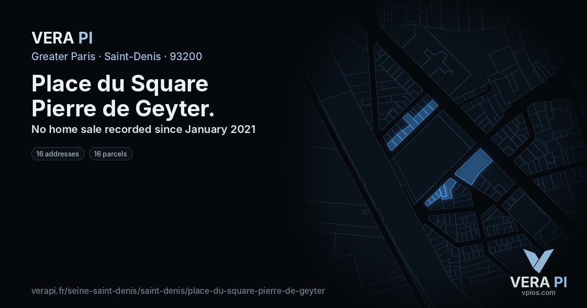 Place du Square Pierre de Geyter, Saint-Denis at night – every parcel coloured by the prices around it, the street's own parcels lit