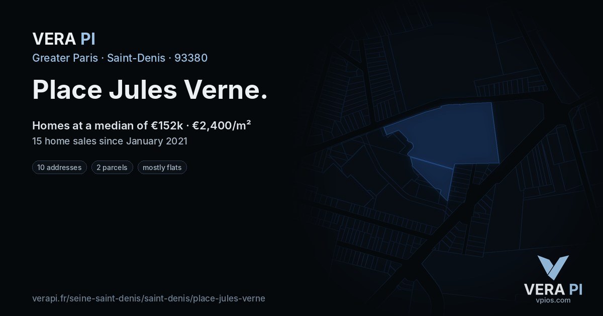Place Jules Verne, Saint-Denis at night – every parcel coloured by the prices around it, the street's own parcels lit
