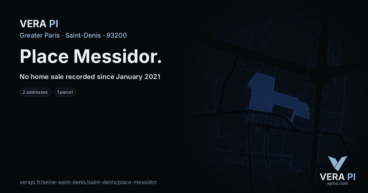 Place Messidor, Saint-Denis at night – every parcel coloured by the prices around it, the street's own parcels lit