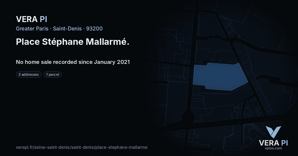 Place Stéphane Mallarmé, Saint-Denis at night – every parcel coloured by the prices around it, the street's own parcels lit