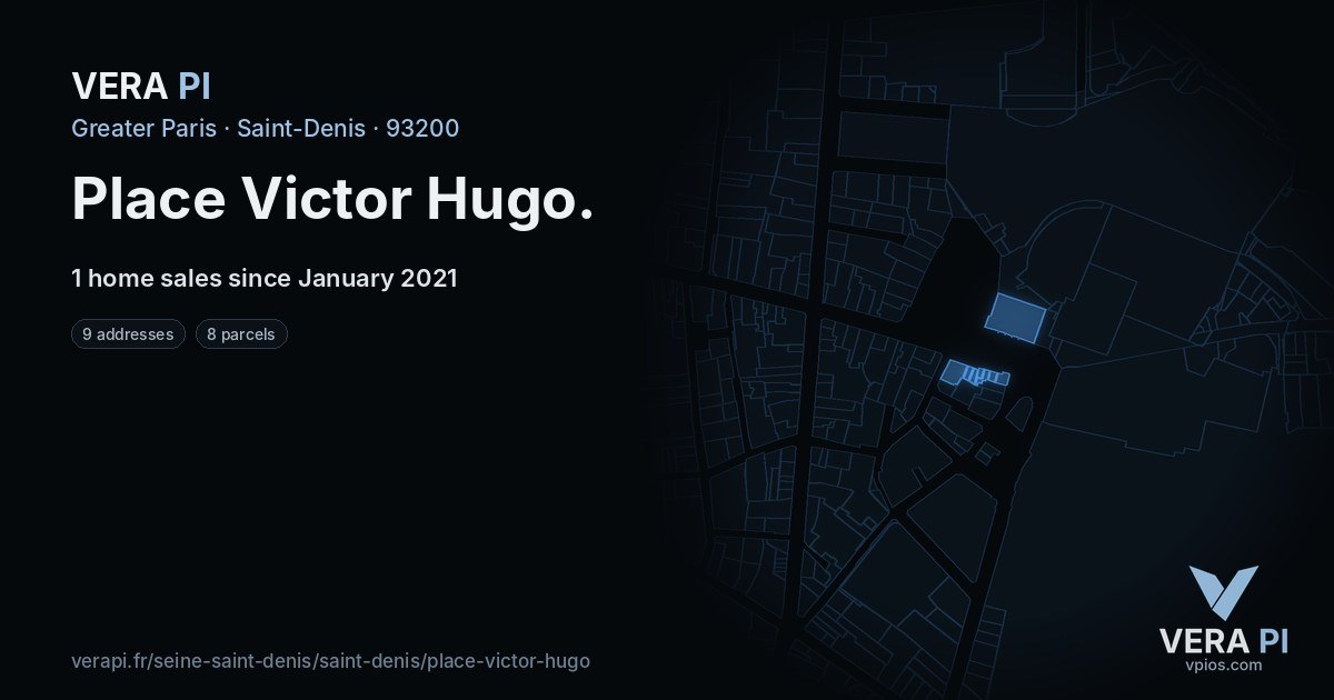 Place Victor Hugo, Saint-Denis at night – every parcel coloured by the prices around it, the street's own parcels lit
