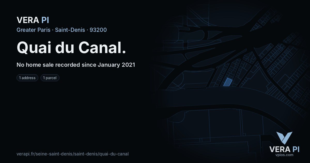 Quai du Canal, Saint-Denis at night – every parcel coloured by the prices around it, the street's own parcels lit