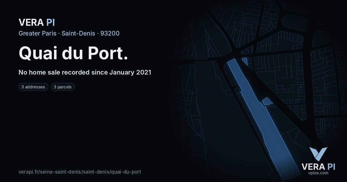 Quai du Port, Saint-Denis at night – every parcel coloured by the prices around it, the street's own parcels lit