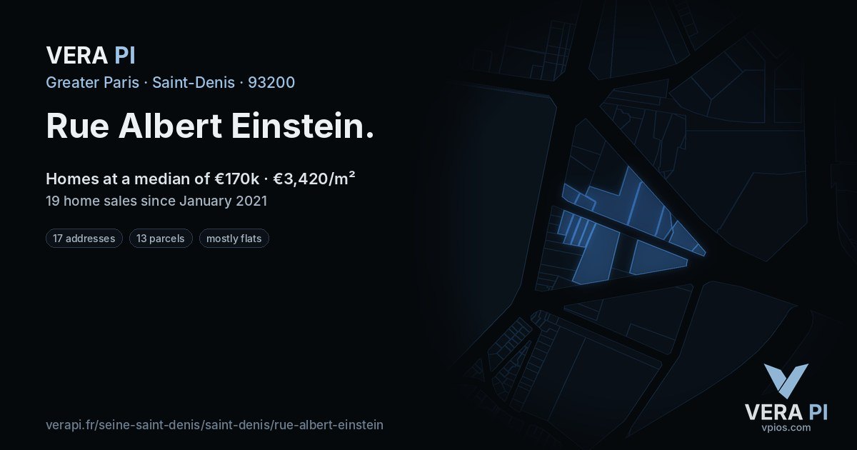 Rue Albert Einstein, Saint-Denis at night – every parcel coloured by the prices around it, the street's own parcels lit