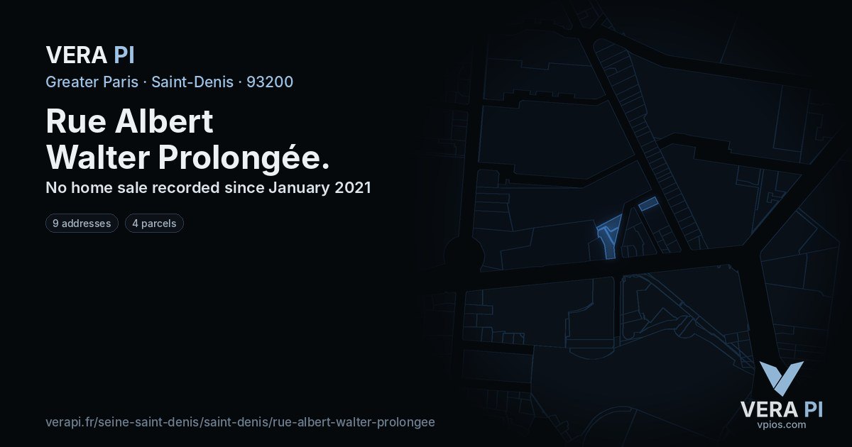 Rue Albert Walter Prolongée, Saint-Denis at night – every parcel coloured by the prices around it, the street's own parcels lit