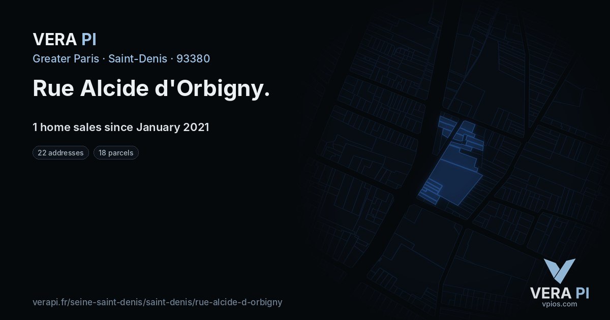 Rue Alcide d'Orbigny, Saint-Denis at night – every parcel coloured by the prices around it, the street's own parcels lit
