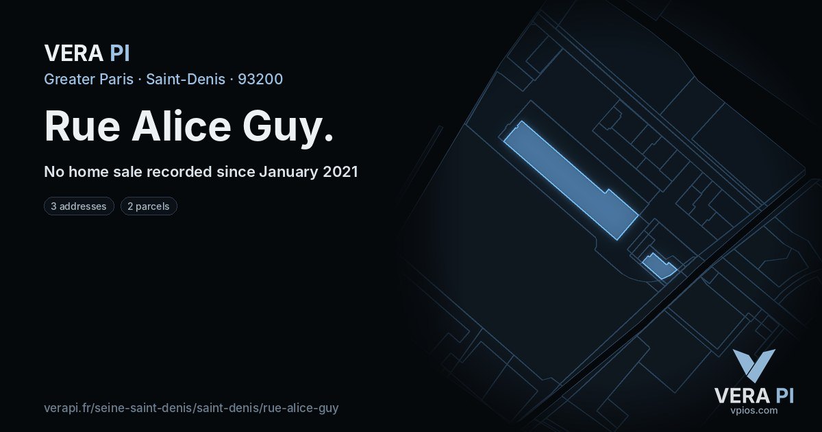 Rue Alice Guy, Saint-Denis at night – every parcel coloured by the prices around it, the street's own parcels lit