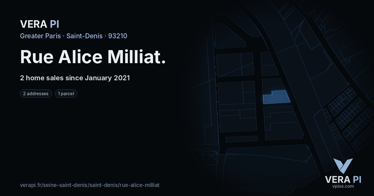 Rue Alice Milliat, Saint-Denis at night – every parcel coloured by the prices around it, the street's own parcels lit