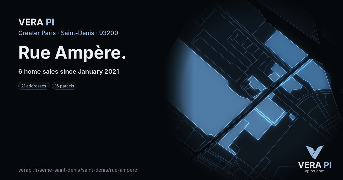 Rue Ampère, Saint-Denis at night – every parcel coloured by the prices around it, the street's own parcels lit