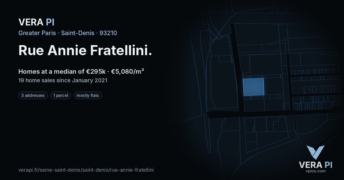 Rue Annie Fratellini, Saint-Denis at night – every parcel coloured by the prices around it, the street's own parcels lit