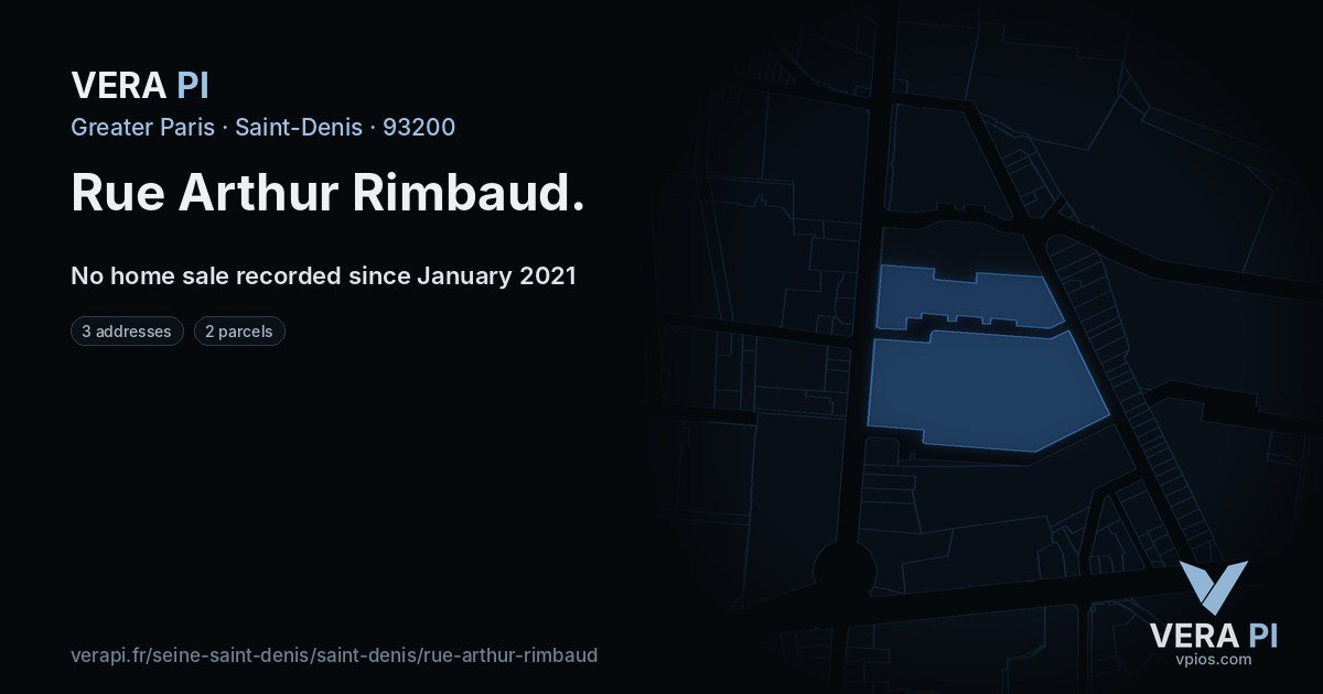 Rue Arthur Rimbaud, Saint-Denis at night – every parcel coloured by the prices around it, the street's own parcels lit