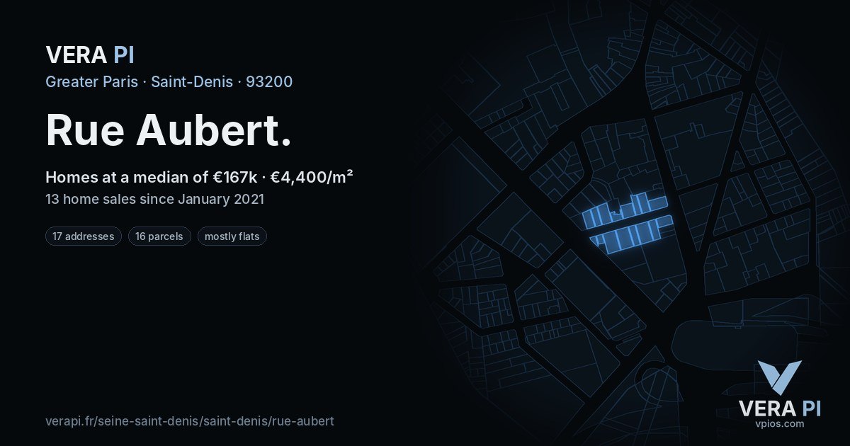 Rue Aubert, Saint-Denis at night – every parcel coloured by the prices around it, the street's own parcels lit
