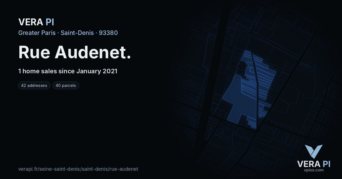 Rue Audenet, Saint-Denis at night – every parcel coloured by the prices around it, the street's own parcels lit