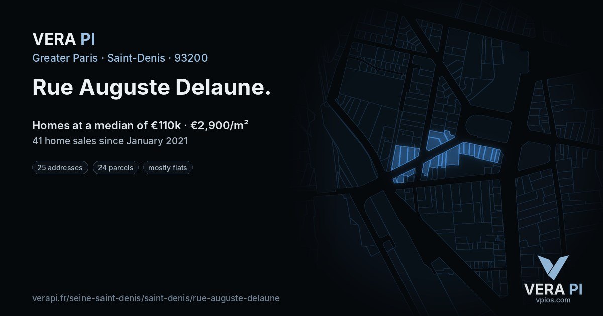 Rue Auguste Delaune, Saint-Denis at night – every parcel coloured by the prices around it, the street's own parcels lit