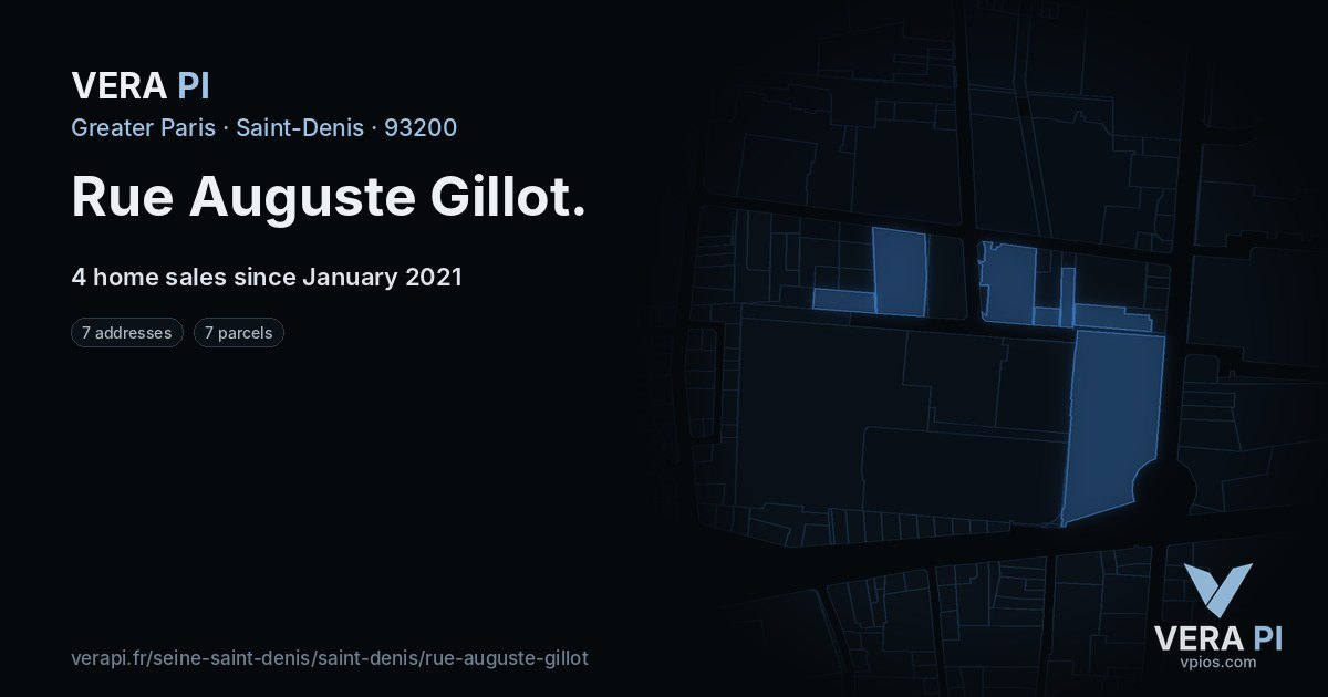 Rue Auguste Gillot, Saint-Denis at night – every parcel coloured by the prices around it, the street's own parcels lit