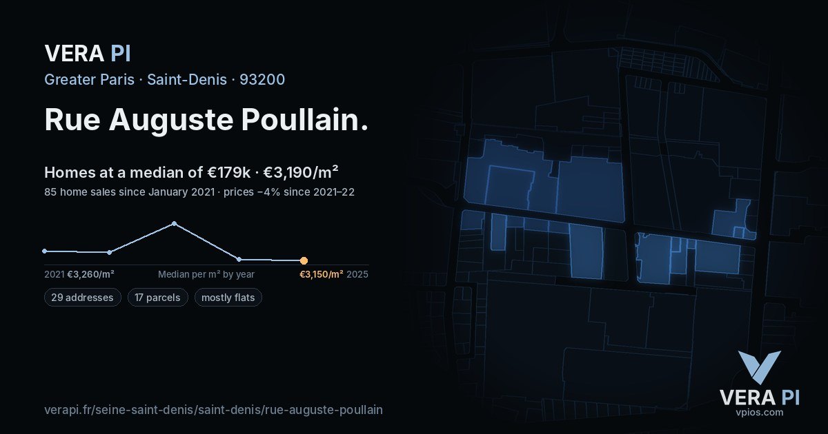 Rue Auguste Poullain, Saint-Denis at night – every parcel coloured by the prices around it, the street's own parcels lit