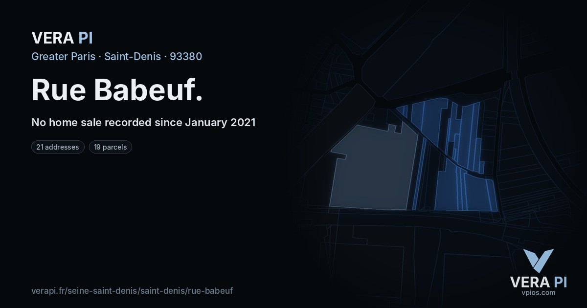 Rue Babeuf, Saint-Denis at night – every parcel coloured by the prices around it, the street's own parcels lit