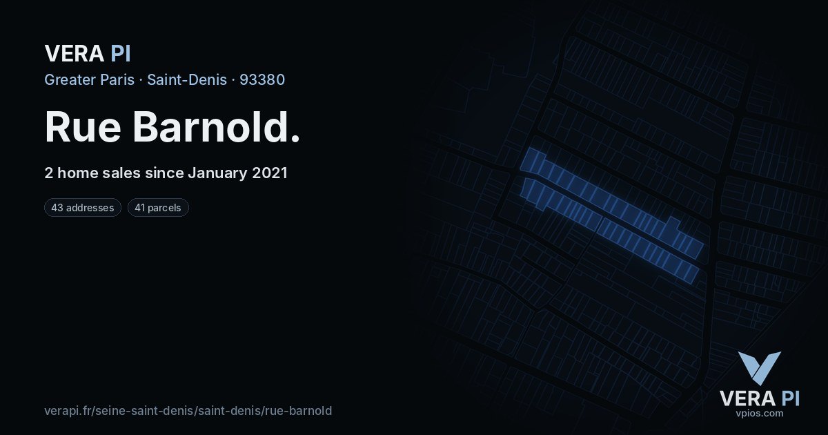 Rue Barnold, Saint-Denis at night – every parcel coloured by the prices around it, the street's own parcels lit