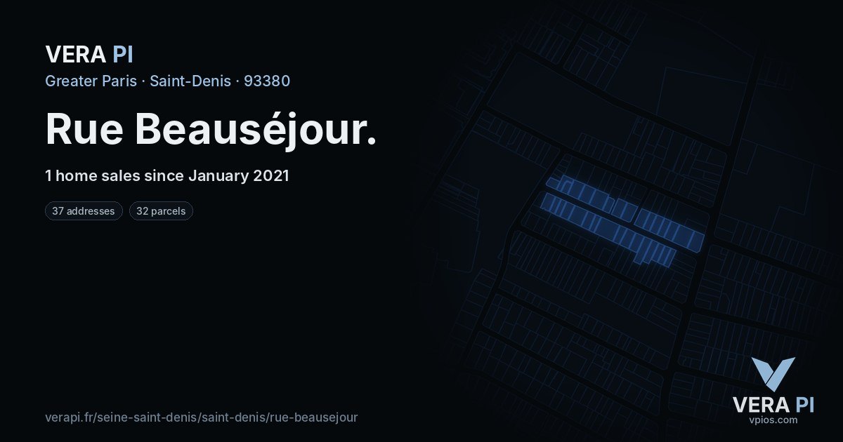 Rue Beauséjour, Saint-Denis at night – every parcel coloured by the prices around it, the street's own parcels lit