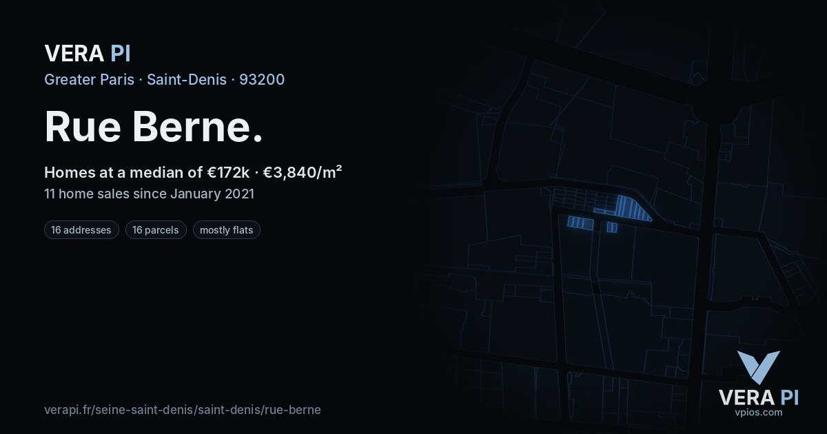 Rue Berne, Saint-Denis at night – every parcel coloured by the prices around it, the street's own parcels lit