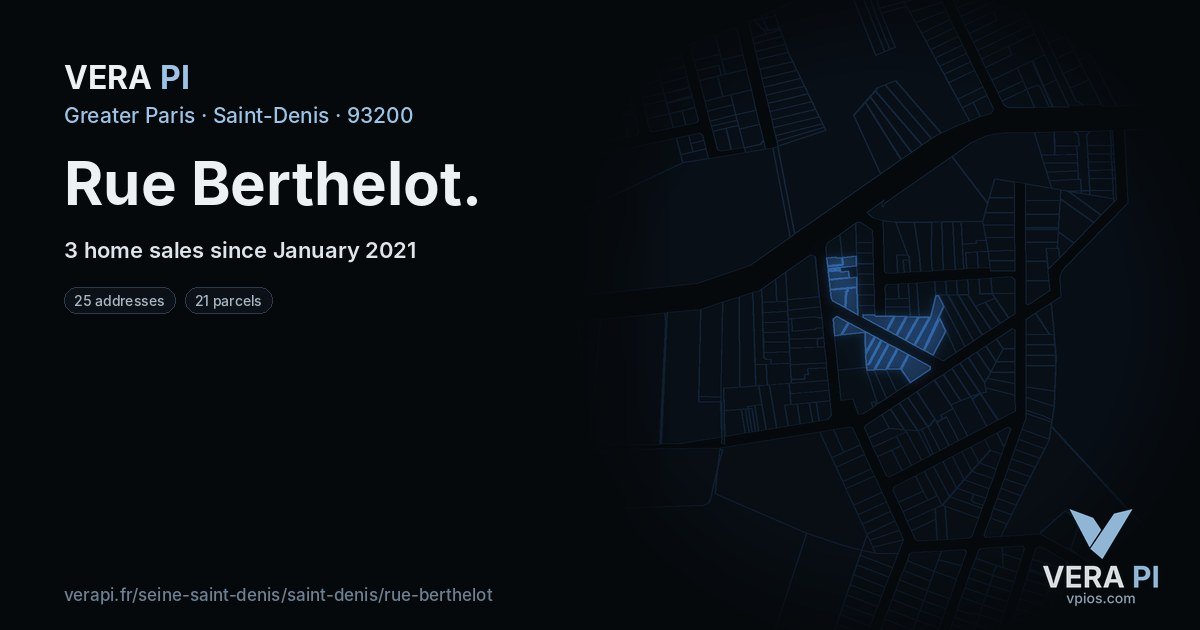 Rue Berthelot, Saint-Denis at night – every parcel coloured by the prices around it, the street's own parcels lit