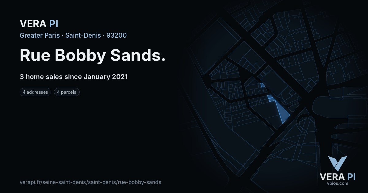 Rue Bobby Sands, Saint-Denis at night – every parcel coloured by the prices around it, the street's own parcels lit