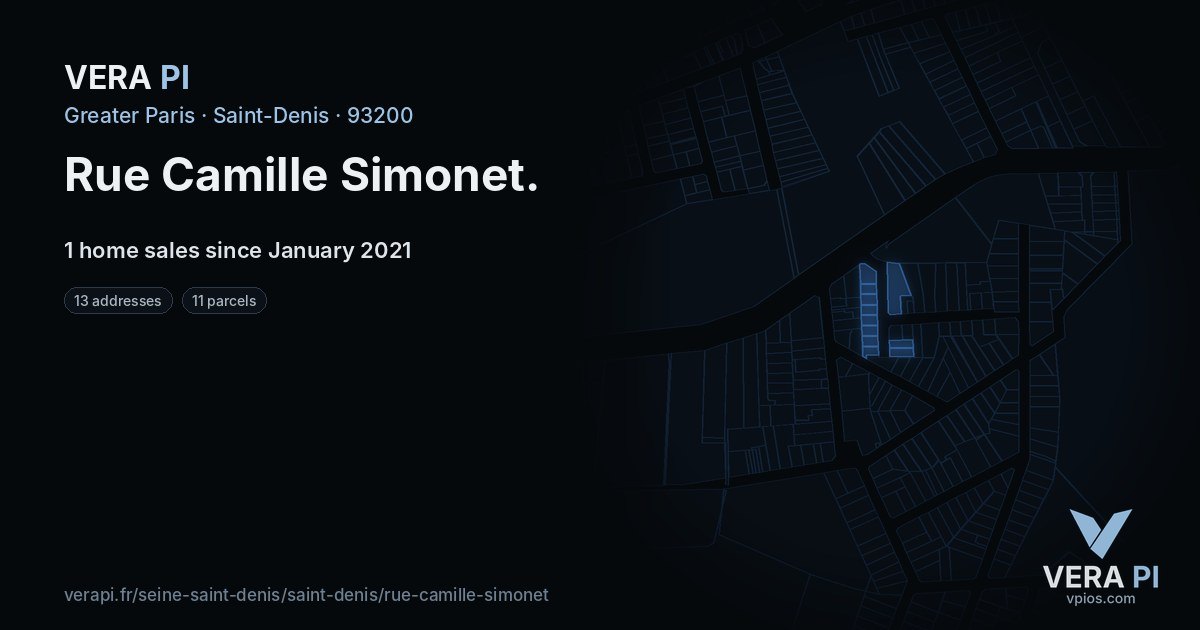 Rue Camille Simonet, Saint-Denis at night – every parcel coloured by the prices around it, the street's own parcels lit