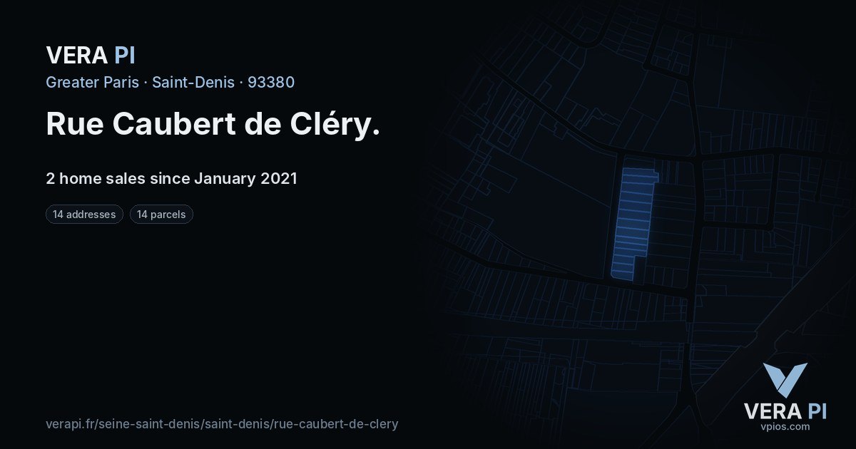 Rue Caubert de Cléry, Saint-Denis at night – every parcel coloured by the prices around it, the street's own parcels lit
