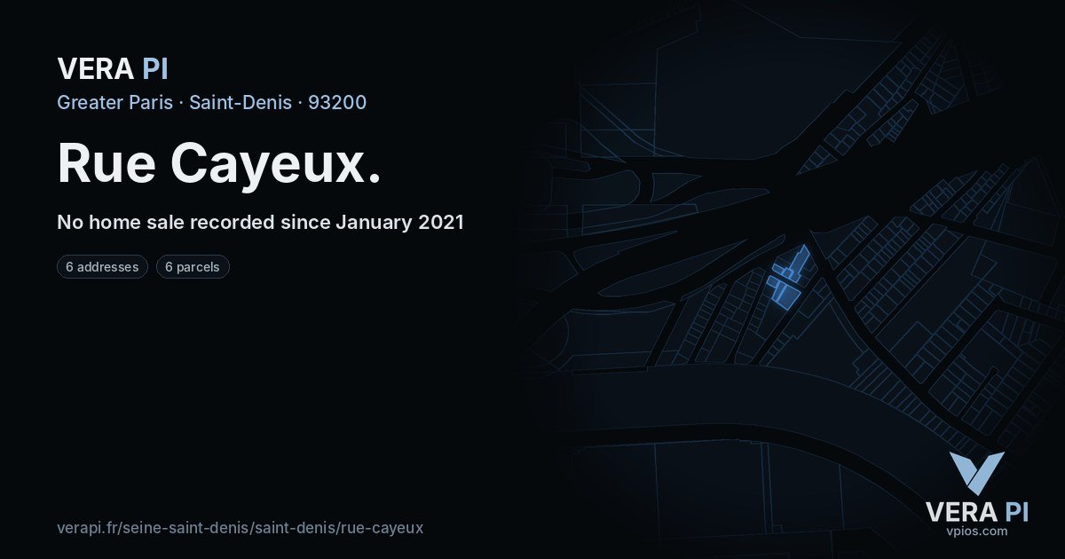 Rue Cayeux, Saint-Denis at night – every parcel coloured by the prices around it, the street's own parcels lit
