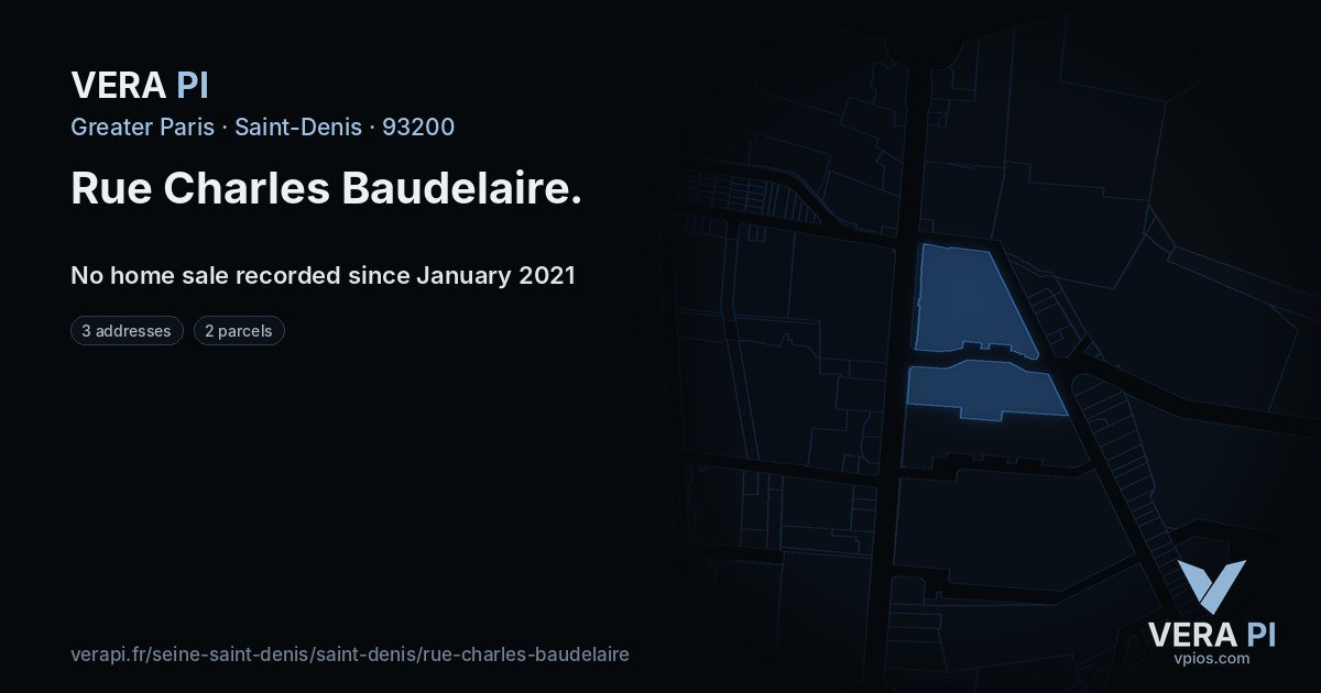 Rue Charles Baudelaire, Saint-Denis at night – every parcel coloured by the prices around it, the street's own parcels lit