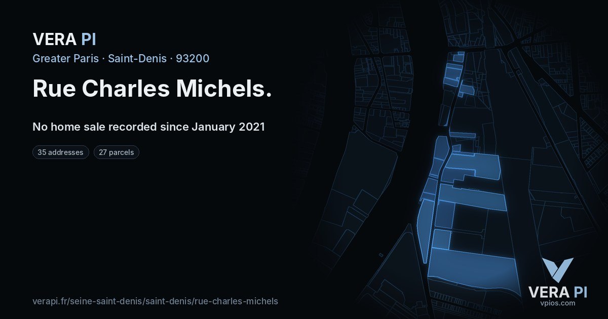Rue Charles Michels, Saint-Denis at night – every parcel coloured by the prices around it, the street's own parcels lit