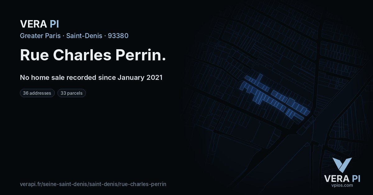 Rue Charles Perrin, Saint-Denis at night – every parcel coloured by the prices around it, the street's own parcels lit