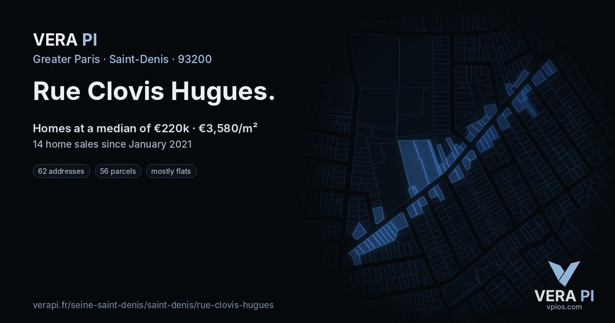 Rue Clovis Hugues, Saint-Denis at night – every parcel coloured by the prices around it, the street's own parcels lit