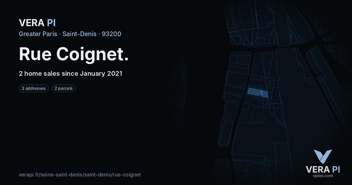 Rue Coignet, Saint-Denis at night – every parcel coloured by the prices around it, the street's own parcels lit