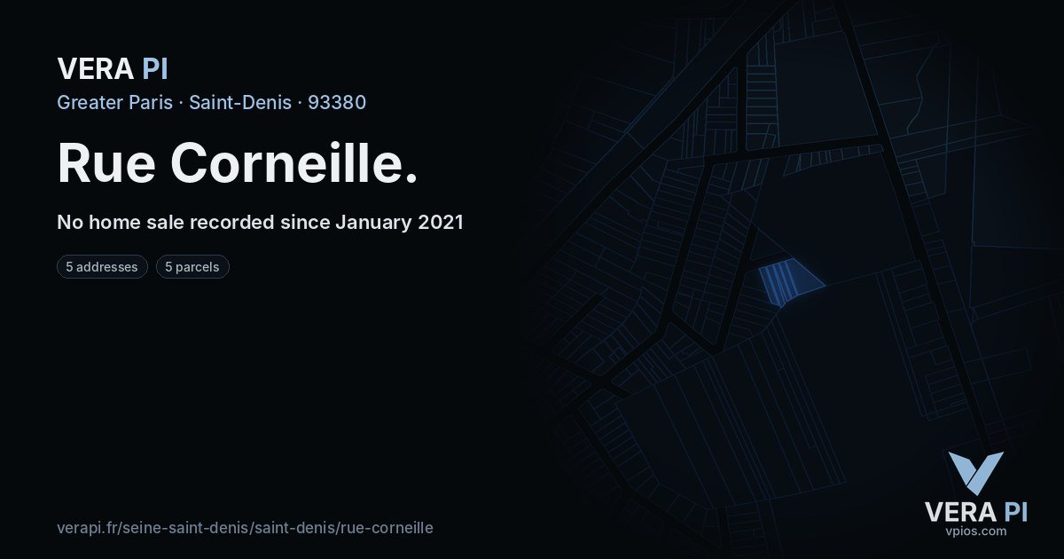 Rue Corneille, Saint-Denis at night – every parcel coloured by the prices around it, the street's own parcels lit