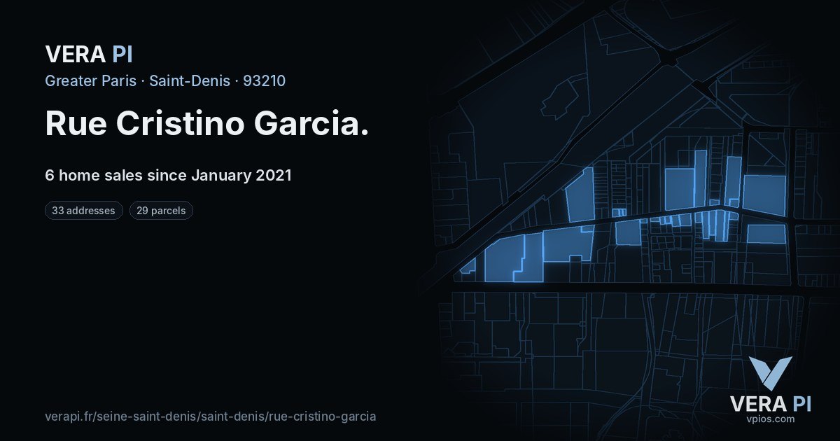 Rue Cristino Garcia, Saint-Denis at night – every parcel coloured by the prices around it, the street's own parcels lit
